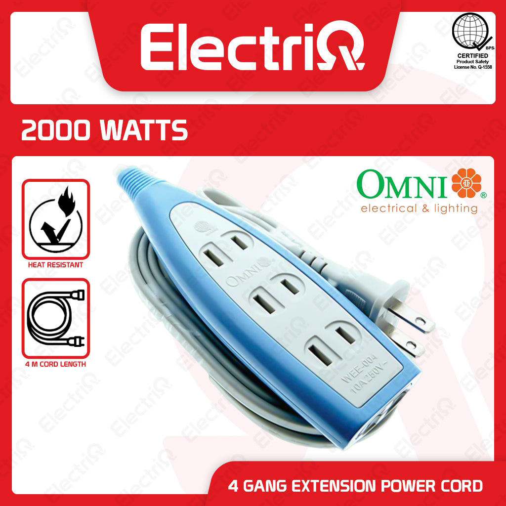 Electriq Omni 4-Gang Extension Power Cord 4M 10A 250V Heavy Duty Power Strip