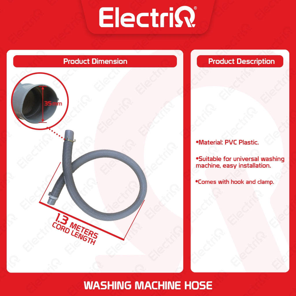 Electriq Thick PVC Washing Machine Outlet Hose 1.5m / 1.3m with Hook & Clamp