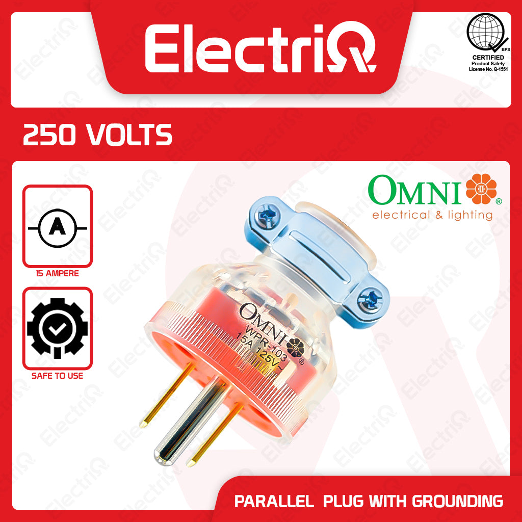 Electriq Omni Heavy Duty Parallel Plug with Grounding 15A 250V Transparent