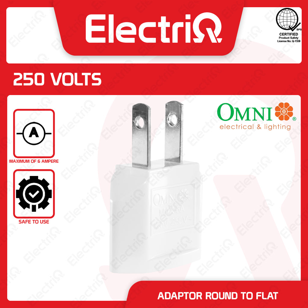 Electriq Omni Round to Flat Regular Adapter 6A 250V Plug Converter