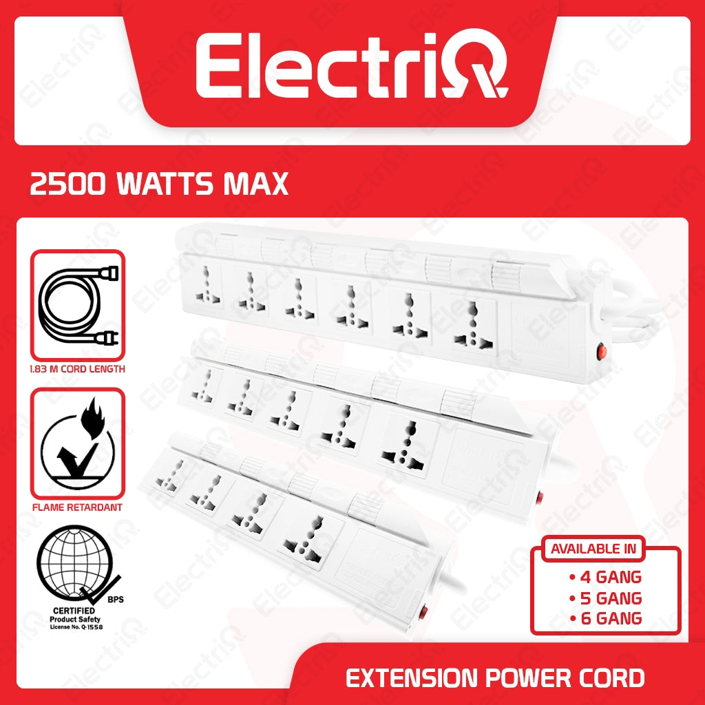 Electriq Omni Extension Power Cord with Individual Switch 4/5/6 Gang 1.83M 2500W Heavy Duty Power Strip
