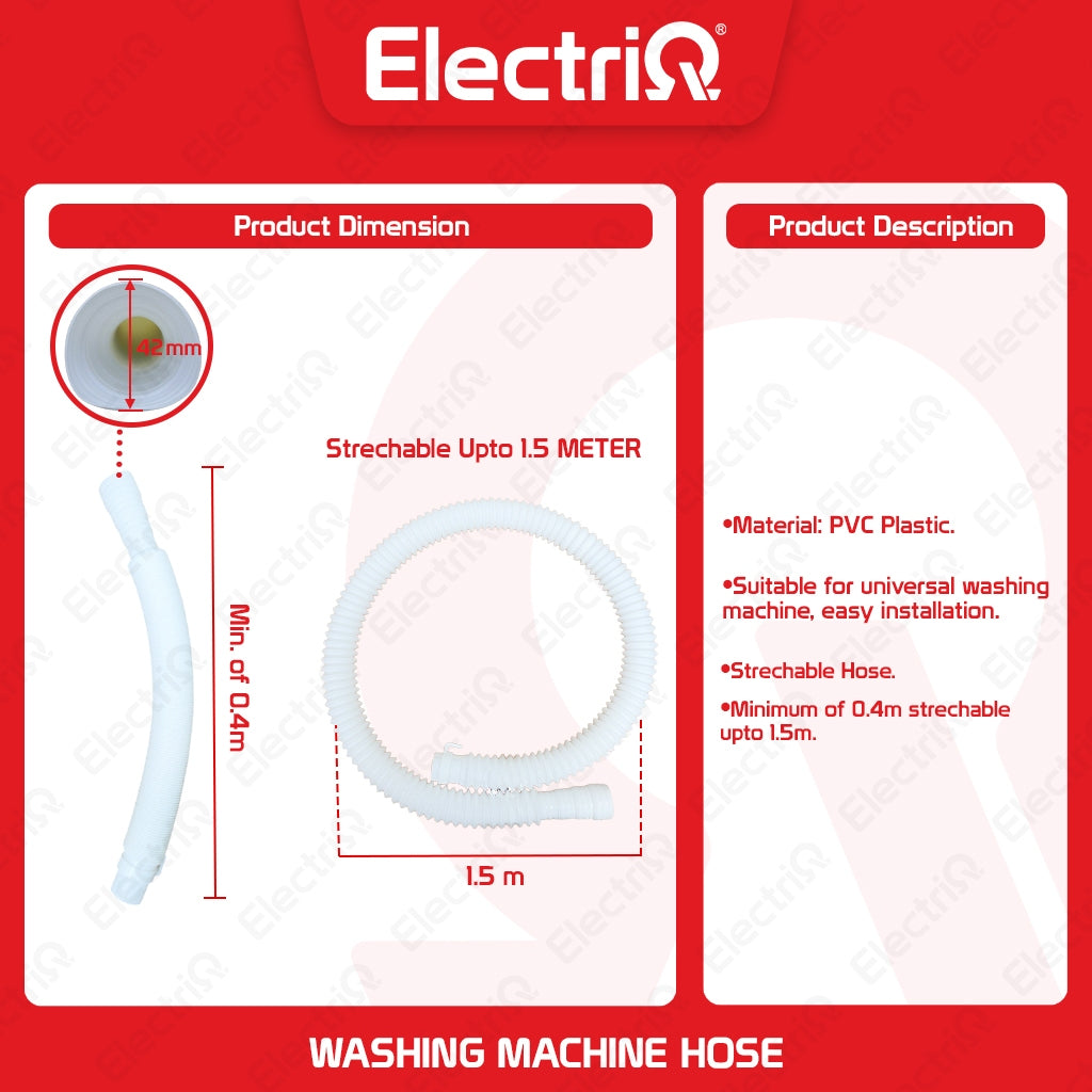 Electriq Thick PVC Washing Machine Outlet Hose 1.5m / 1.3m with Hook & Clamp