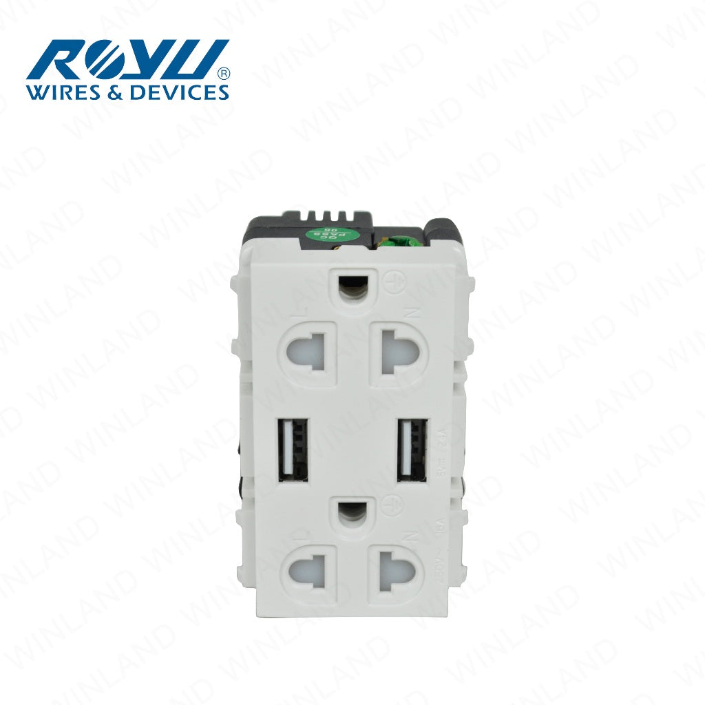 Electriq Royu Duplex Universal Outlet with 2 USB Ports Wide Series 16A 250V