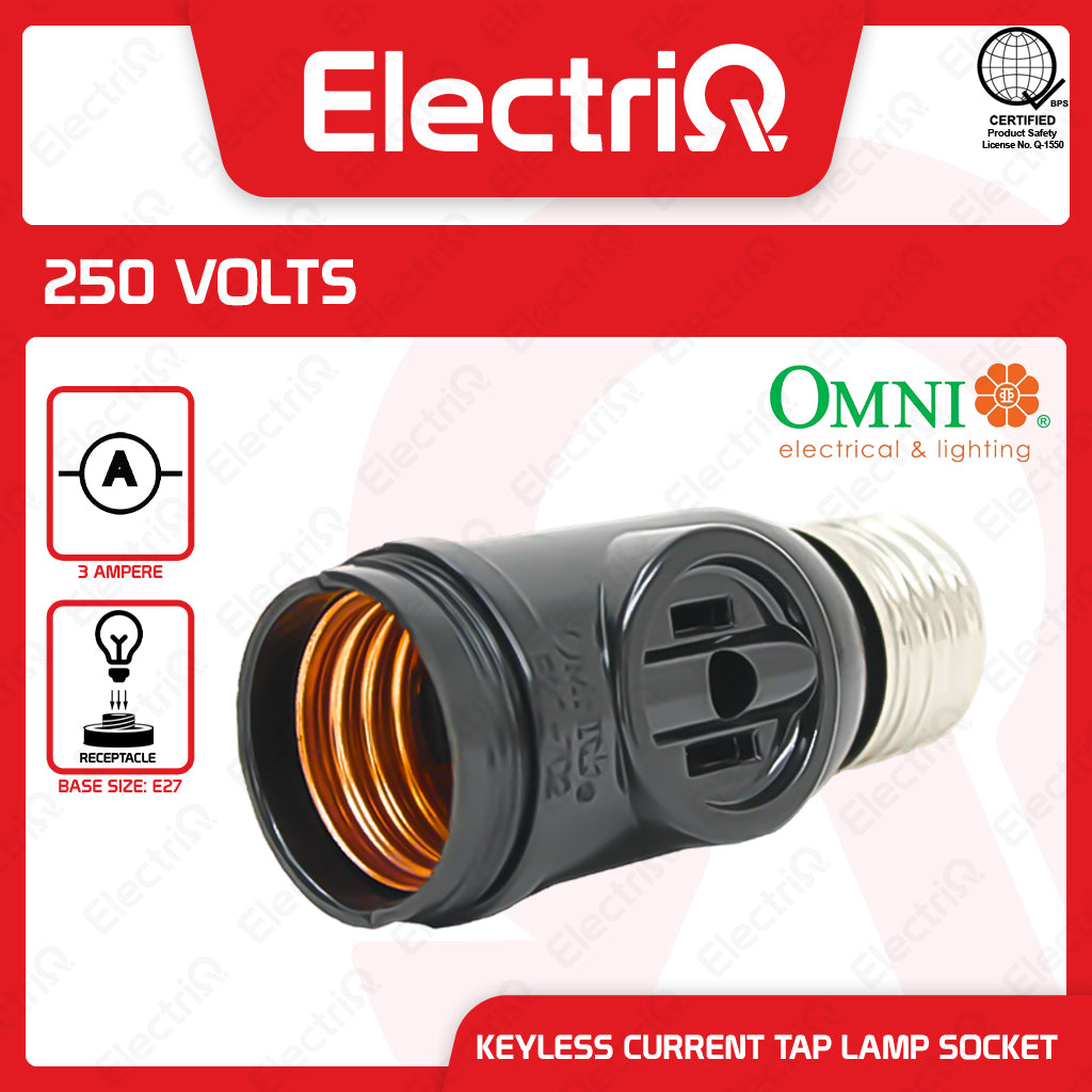 Electriq Omni Keyless Lamp Socket with 2-Gang Outlet 3A 250VAC Heavy Duty
