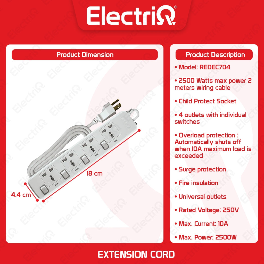 Electriq Royu Extension Cord Overload & Surge Protected 4 Outlets with Individual Switch 2M 2500W