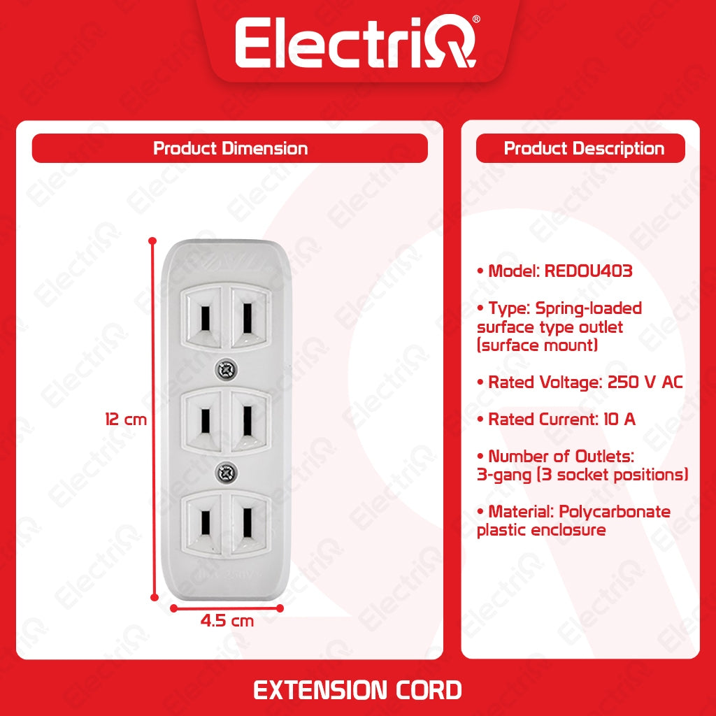 Electriq Royu Spring Loaded Convenience Surface Outlet 3/4 Gang with Ground 10A 250V