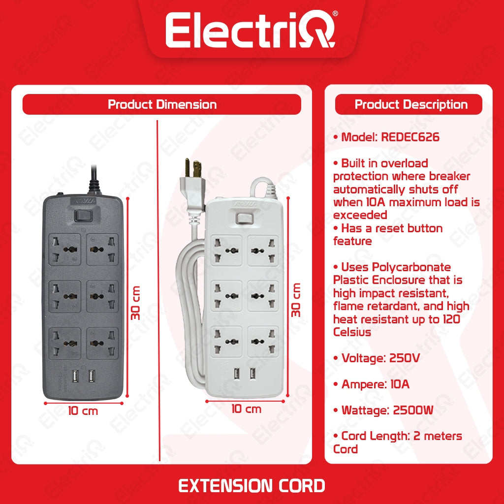 Electriq Royu 4/6 Gang Socket Power Extension Cord with 2 USB Ports 35cm 2500W