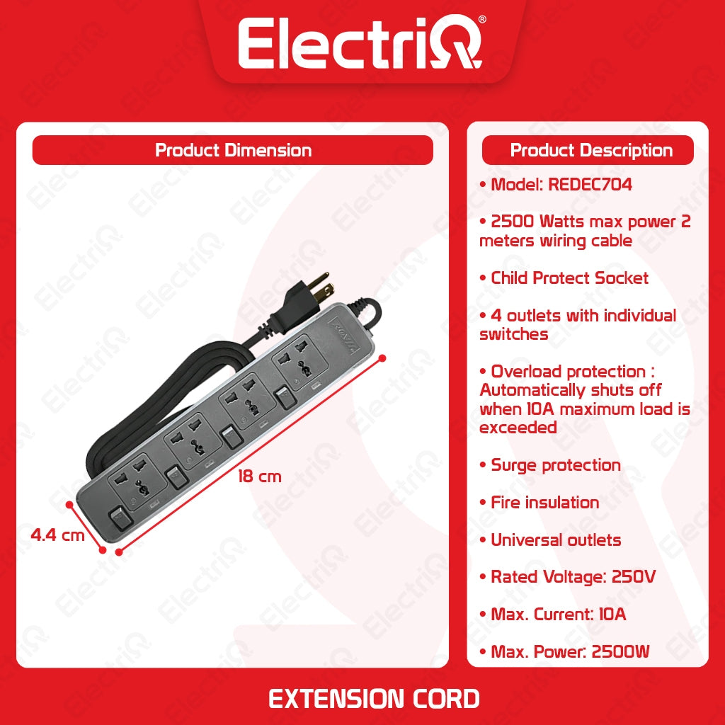 Electriq Royu Extension Cord Overload & Surge Protected 4 Outlets with Individual Switch 2M 2500W
