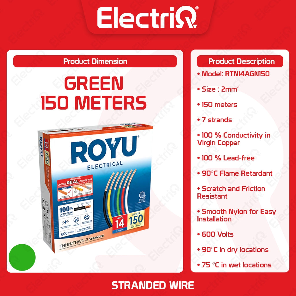 Electriq Royu THHN/THWN Stranded Copper Wire 2mm² AWG14 150M 600V Electrical Cable
