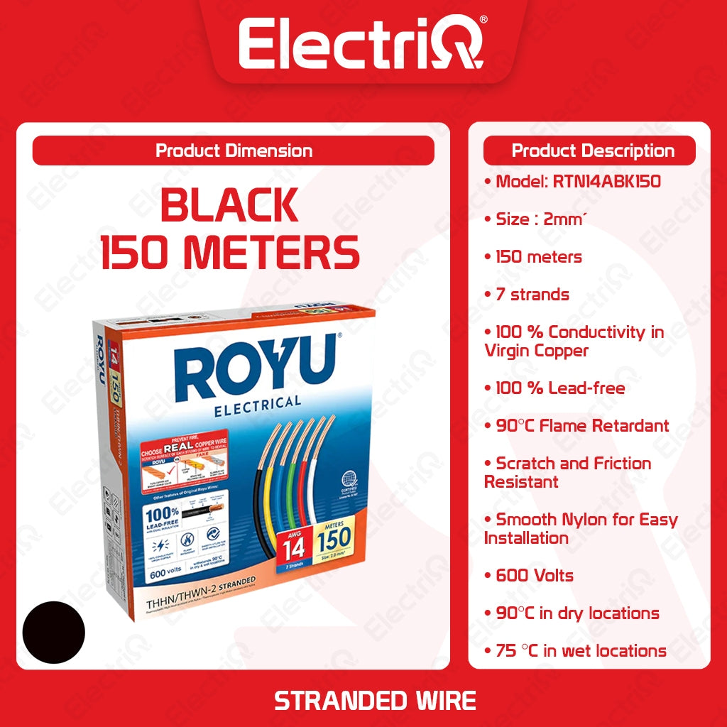 Electriq Royu THHN/THWN Stranded Copper Wire 2mm² AWG14 150M 600V Electrical Cable