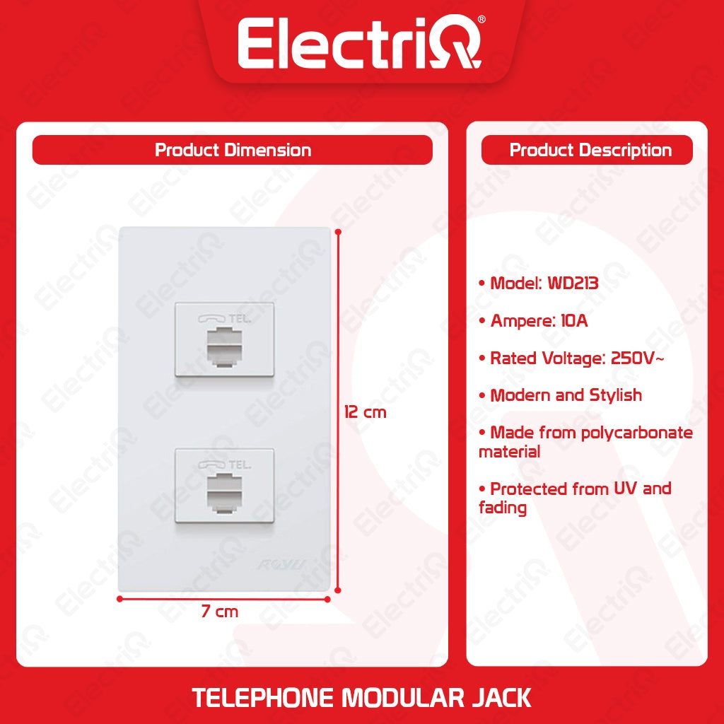 Electriq Royu 2-Gang Telephone Modular Jack 10A 250V Wall Socket
