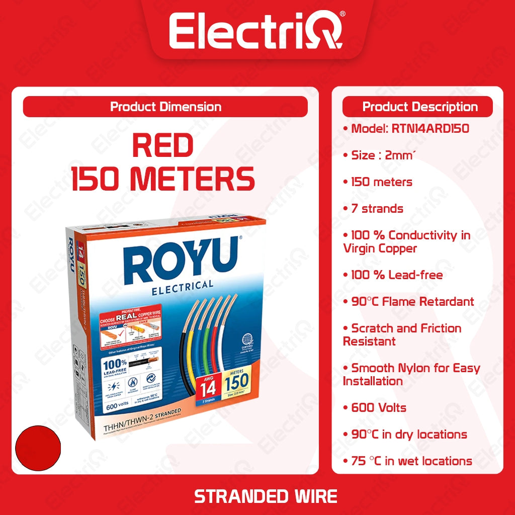 Electriq Royu THHN/THWN Stranded Copper Wire 2mm² AWG14 150M 600V Electrical Cable