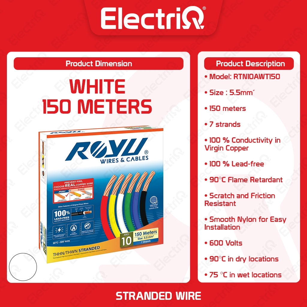 Electriq Royu THHN/THWN Stranded Copper Wire 5.5mm² AWG10 150m Heavy Duty Electrical Cable