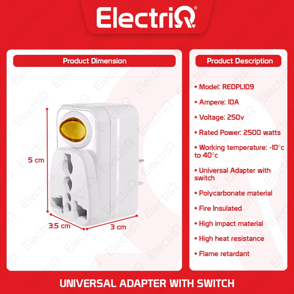 Electriq Royu Universal Adapter with Switch & 2 USB Ports 10A 250V
