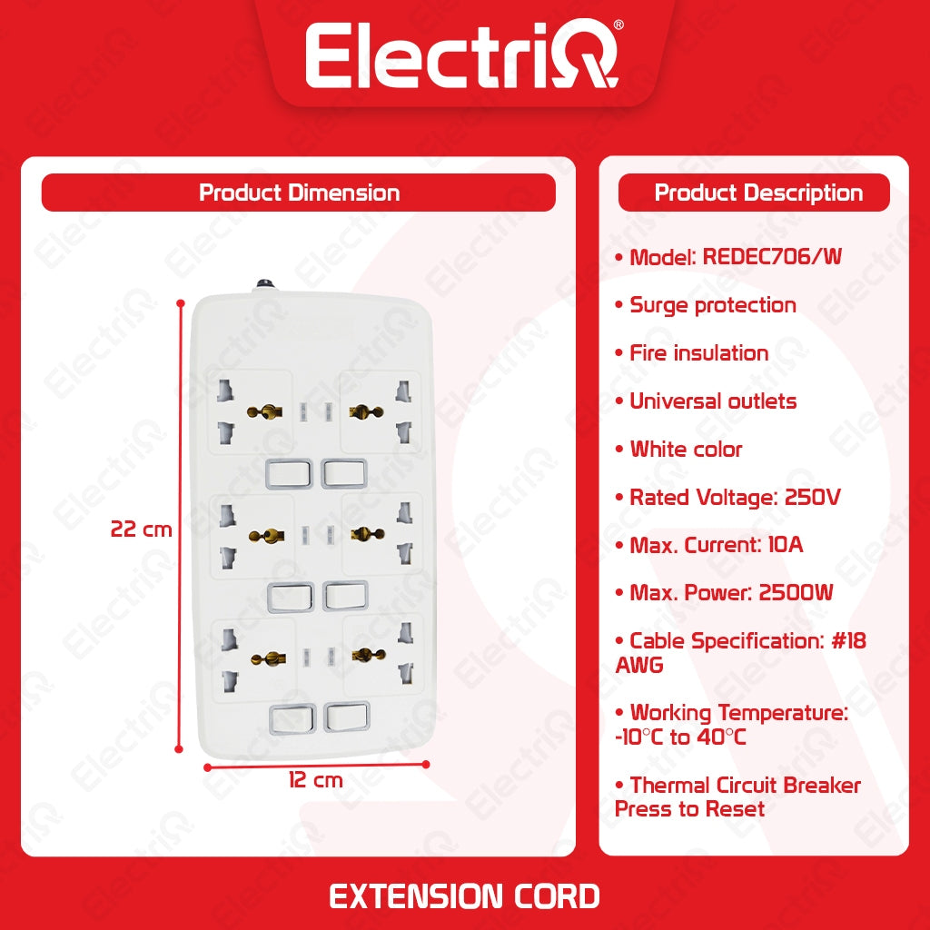 Electriq Royu Extension Cord Overload & Surge Protected 6 Outlets with Individual Switch 2M 2500W