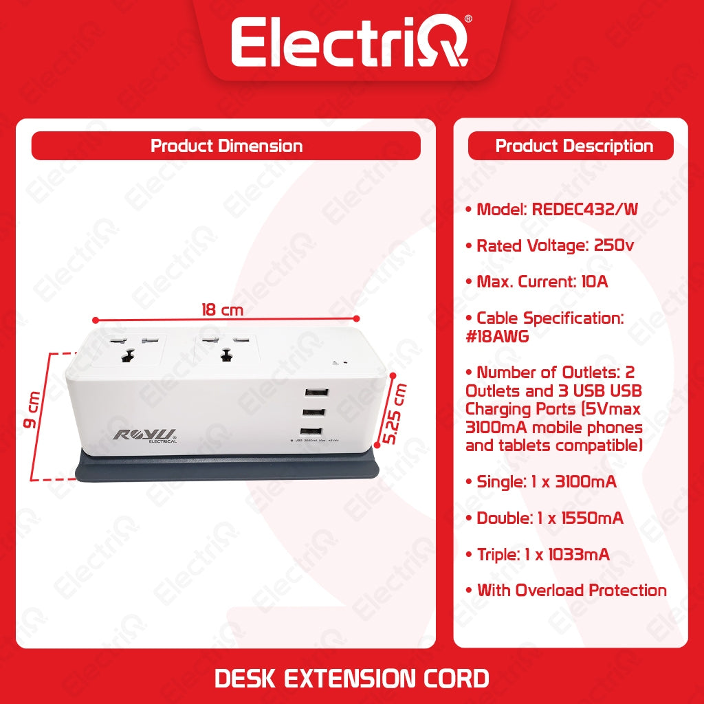 Electriq Royu Desk Extension Cord 2-Gang Outlet with 3 USB Ports 2M 2500W Surge Protected