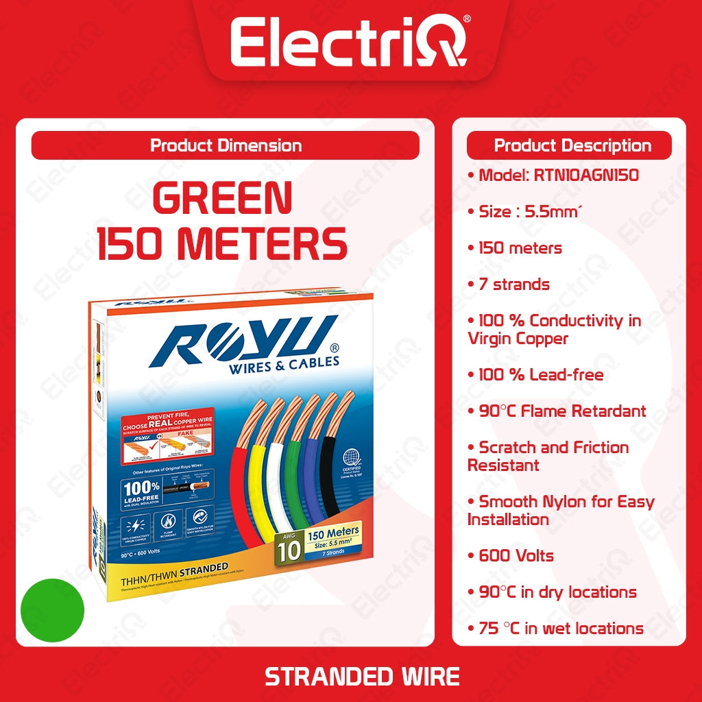 Electriq Royu THHN/THWN Stranded Copper Wire 5.5mm² AWG10 150m Heavy Duty Electrical Cable