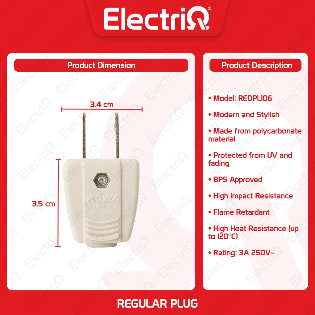 Electriq Royu Electrical Regular 3A Plug 250V Flame Retardant Plug
