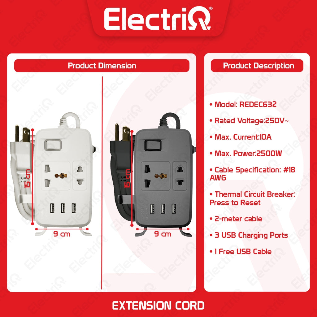 Electriq Royu 2/4 Gang Power Extension Cord with Main Switch & 3 USB Ports 2M 2500W White/Gray