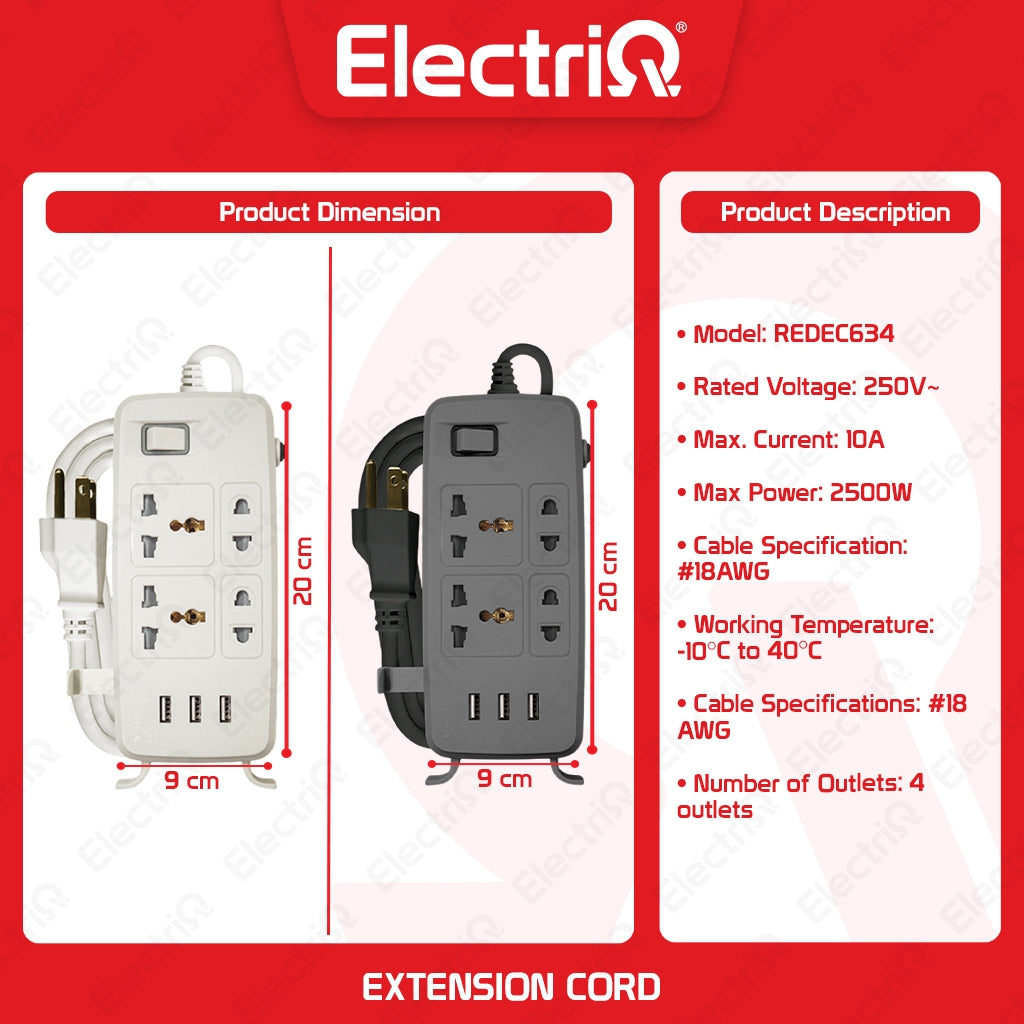 Electriq Royu 2/4 Gang Power Extension Cord with Main Switch & 3 USB Ports 2M 2500W White/Gray
