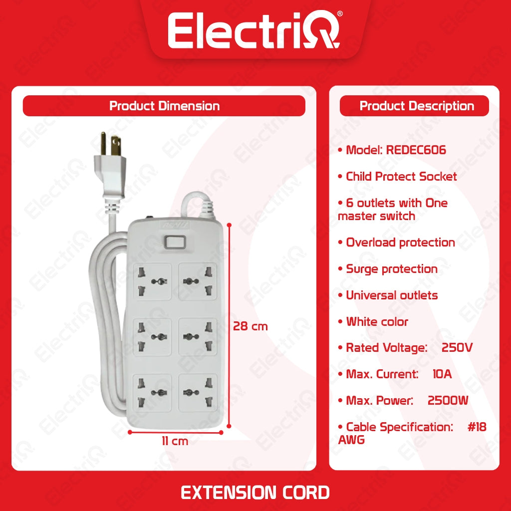 Electriq Royu Extension Cord Overload & Surge Protected 6 Outlets with Master Switch 2M 2500W