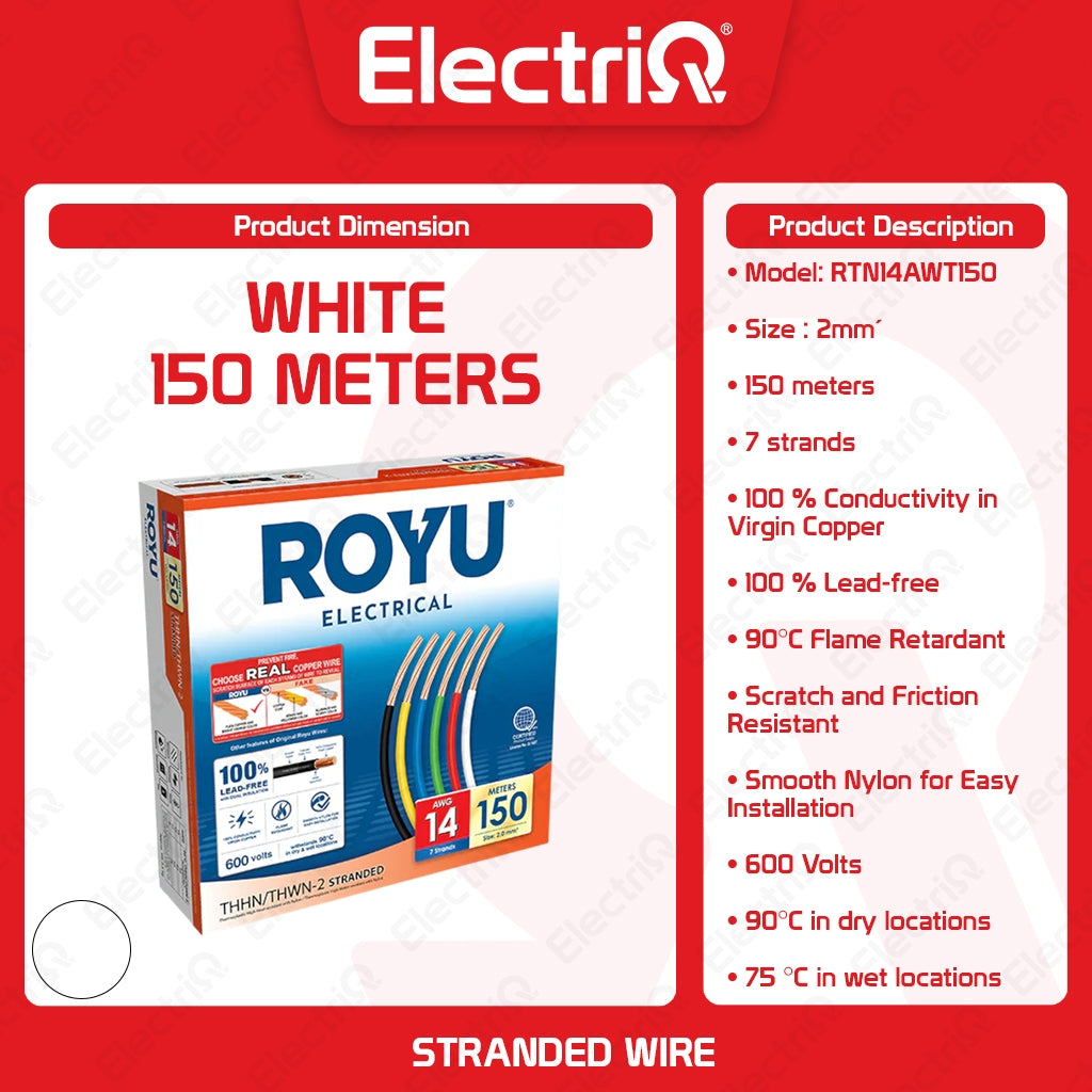 Electriq Royu THHN/THWN Stranded Copper Wire 2mm² AWG14 150M 600V Electrical Cable