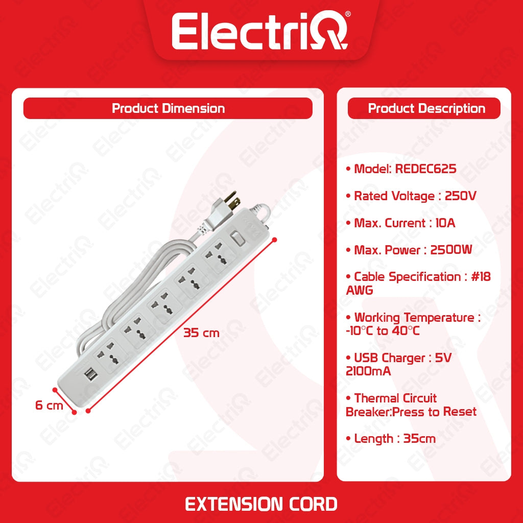 Electriq Royu 5 Socket Extension Cord with Master Switch & 2 USB Ports