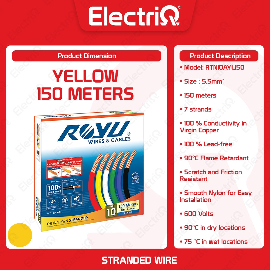 Electriq Royu THHN/THWN Stranded Copper Wire 5.5mm² AWG10 150m Heavy Duty Electrical Cable