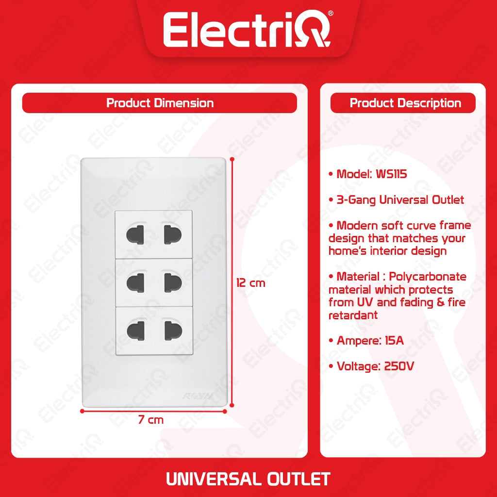 Electriq Royu Super Wide Series Universal/Aircon Outlet 1/2/3 Gang 15A/20A 250V Wall Socket