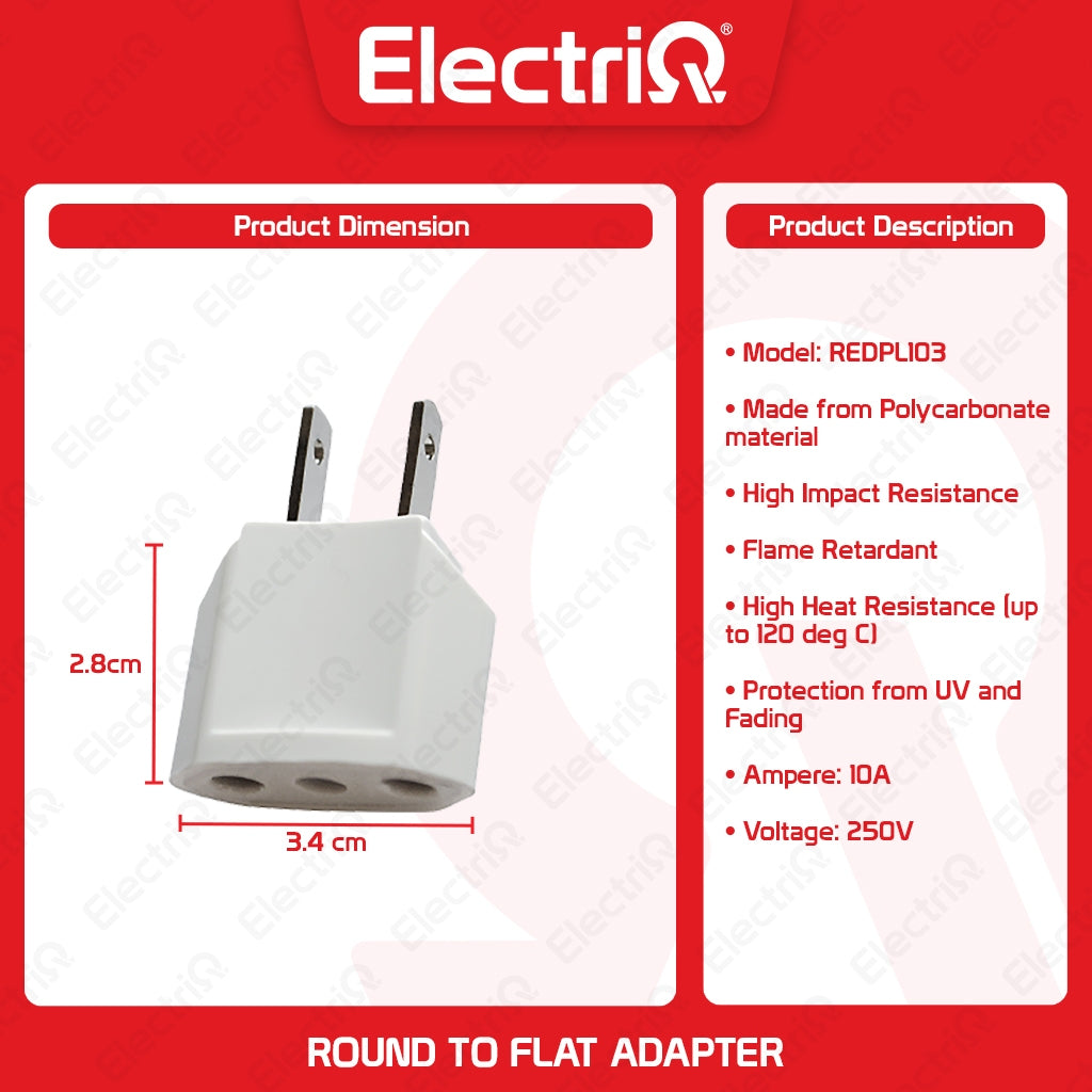Electriq Royu Round to Flat Adapter Universal Plug Converter 10A 250V