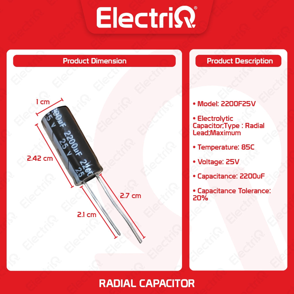 Electriq 2200uF 25V 85C Radial Electrolytic Capacitor Spare Parts Only