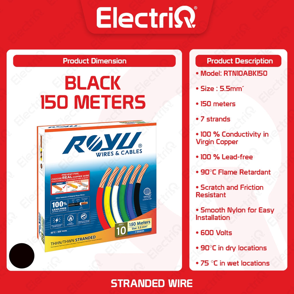 Electriq Royu THHN/THWN Stranded Copper Wire 5.5mm² AWG10 150m Heavy Duty Electrical Cable