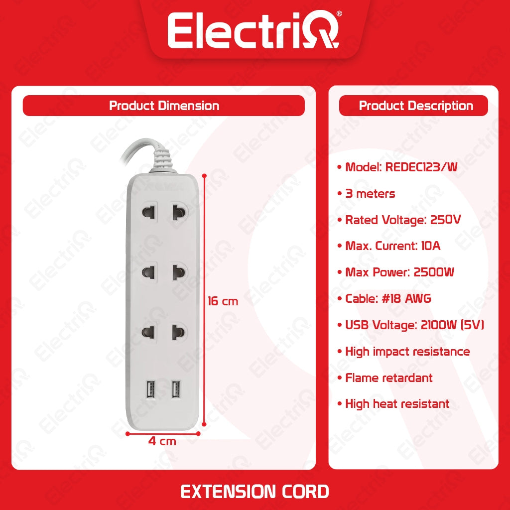 Electriq Royu 3-Gang Universal Outlet with 2 USB Ports Extension Cord 3M