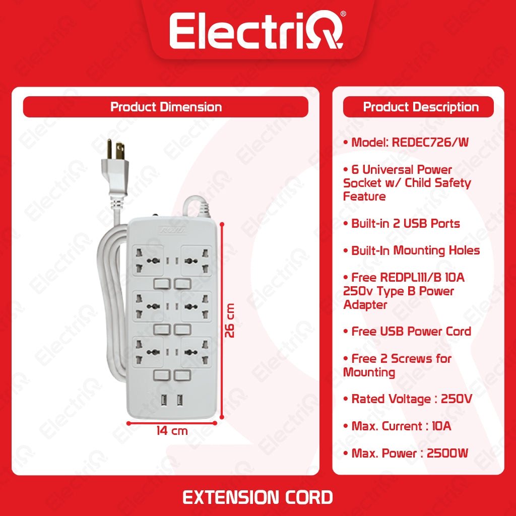 Electriq Royu 6 Socket Extension Cord with Individual Switches & 2 USB Ports 2M 2500W