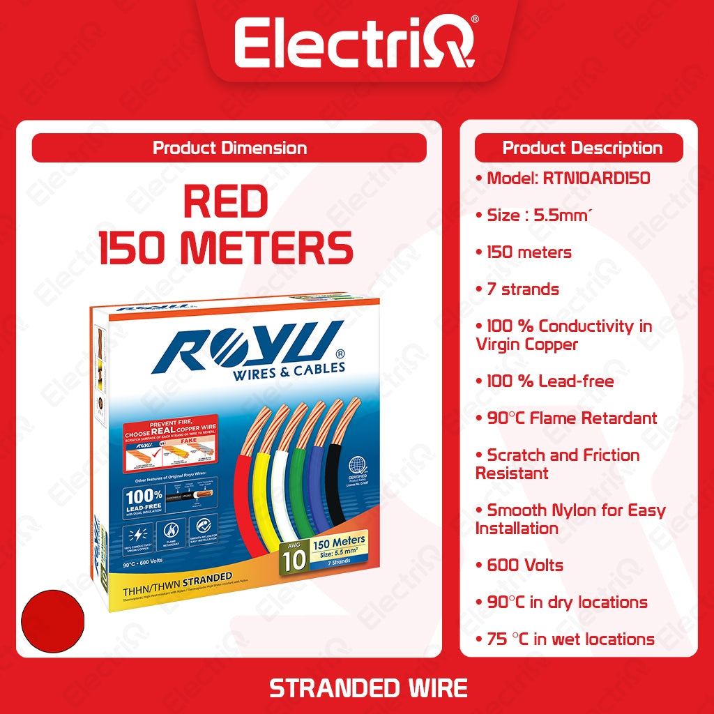Electriq Royu THHN/THWN Stranded Copper Wire 5.5mm² AWG10 150m Heavy Duty Electrical Cable
