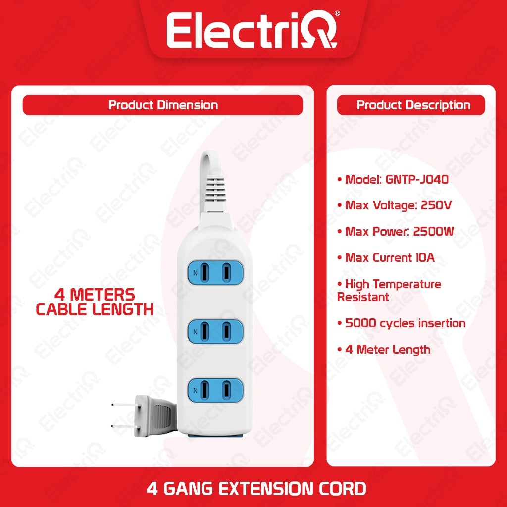 Electriq Bull Eco 4-Gang Extension Cord 4M 2500W Heavy Duty Power Strip