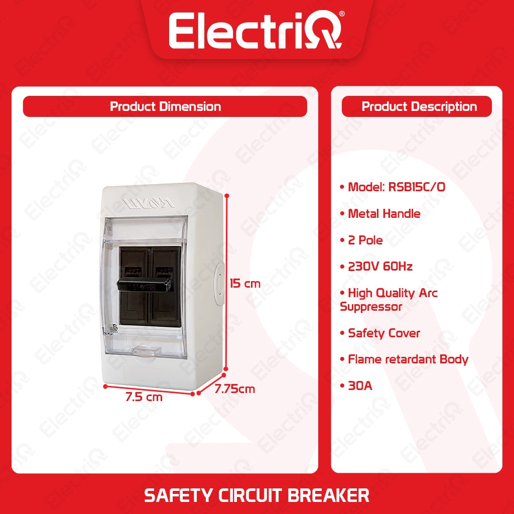 Electriq Royu Safety Breaker with Cover and Outlet Metal Handle 2-Pole 15A 230V