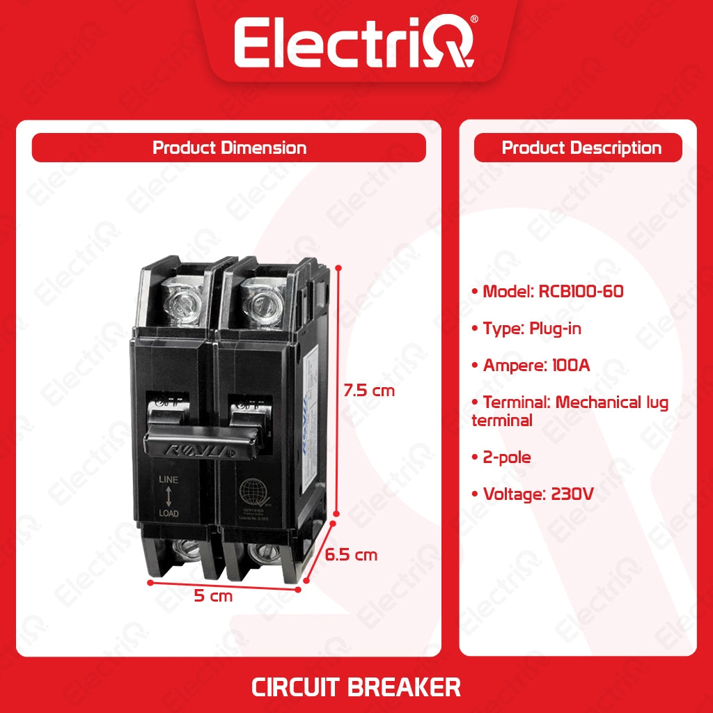 Electriq Royu Lug Type Plug-In Circuit Breaker 2-Pole 100A  Metal Cap Heavy Duty