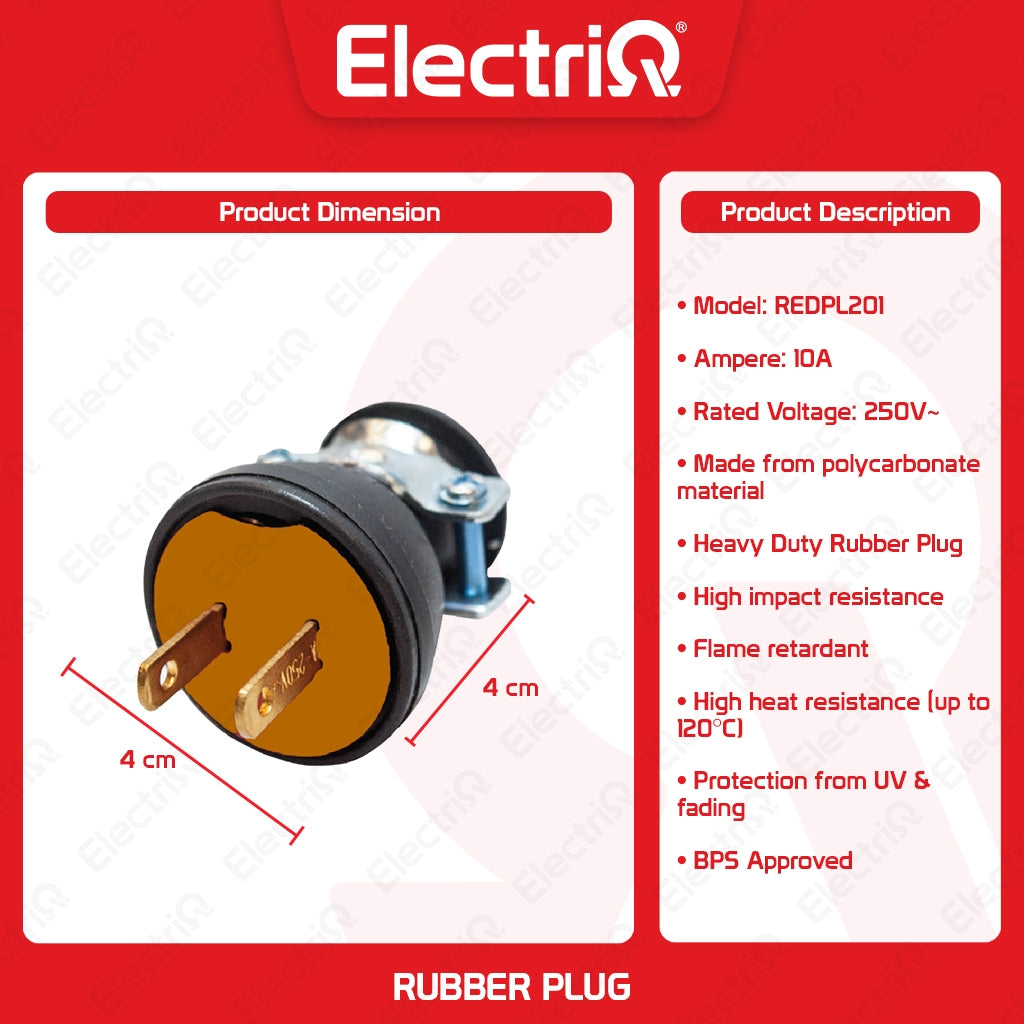 Electriq Royu Heavy Duty Rubber Plug with Clamp 10A 250V Regular Electrical Plug