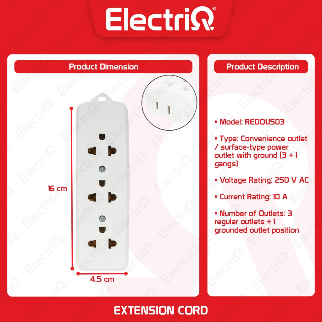 Electriq Royu Spring Loaded Convenience Surface Outlet 3/4 Gang with Ground 10A 250V