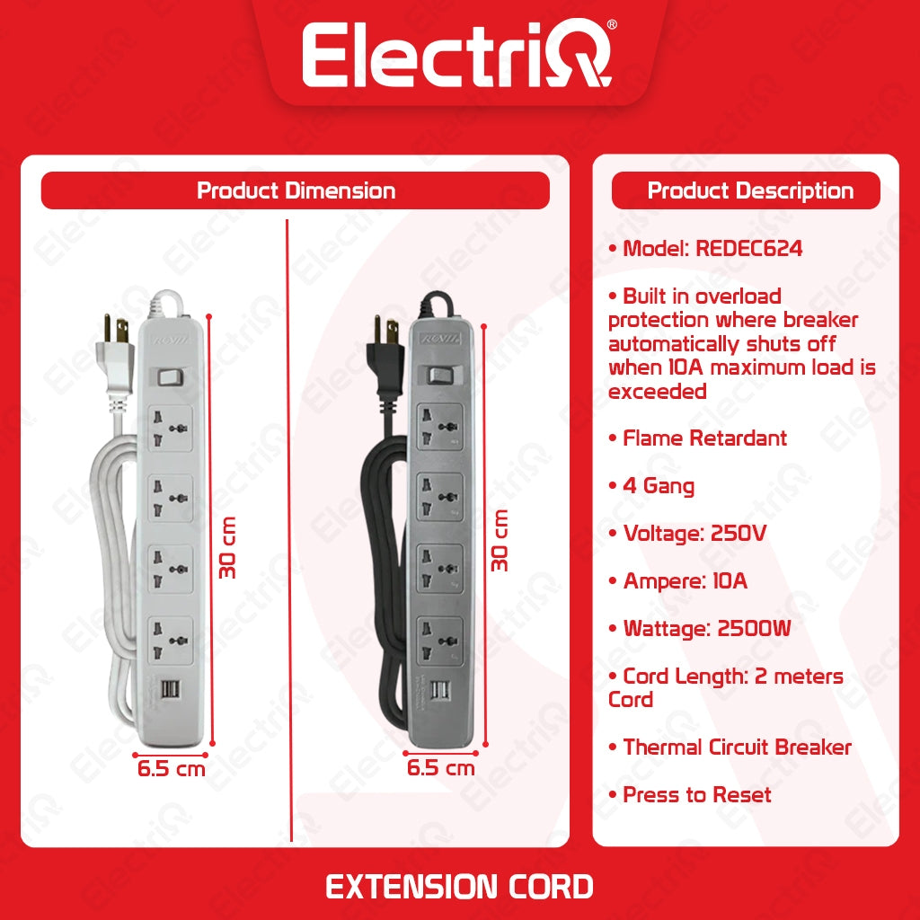 Electriq Royu 4/6 Gang Socket Power Extension Cord with 2 USB Ports 35cm 2500W