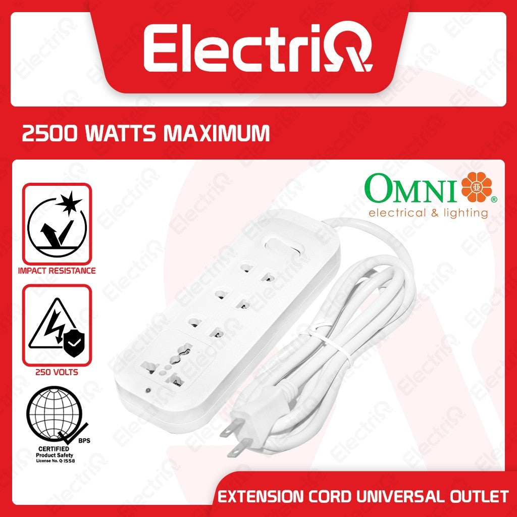 Electriq Omni Extension Cord 3-Gang Universal Outlet with Switch 2M 2500W