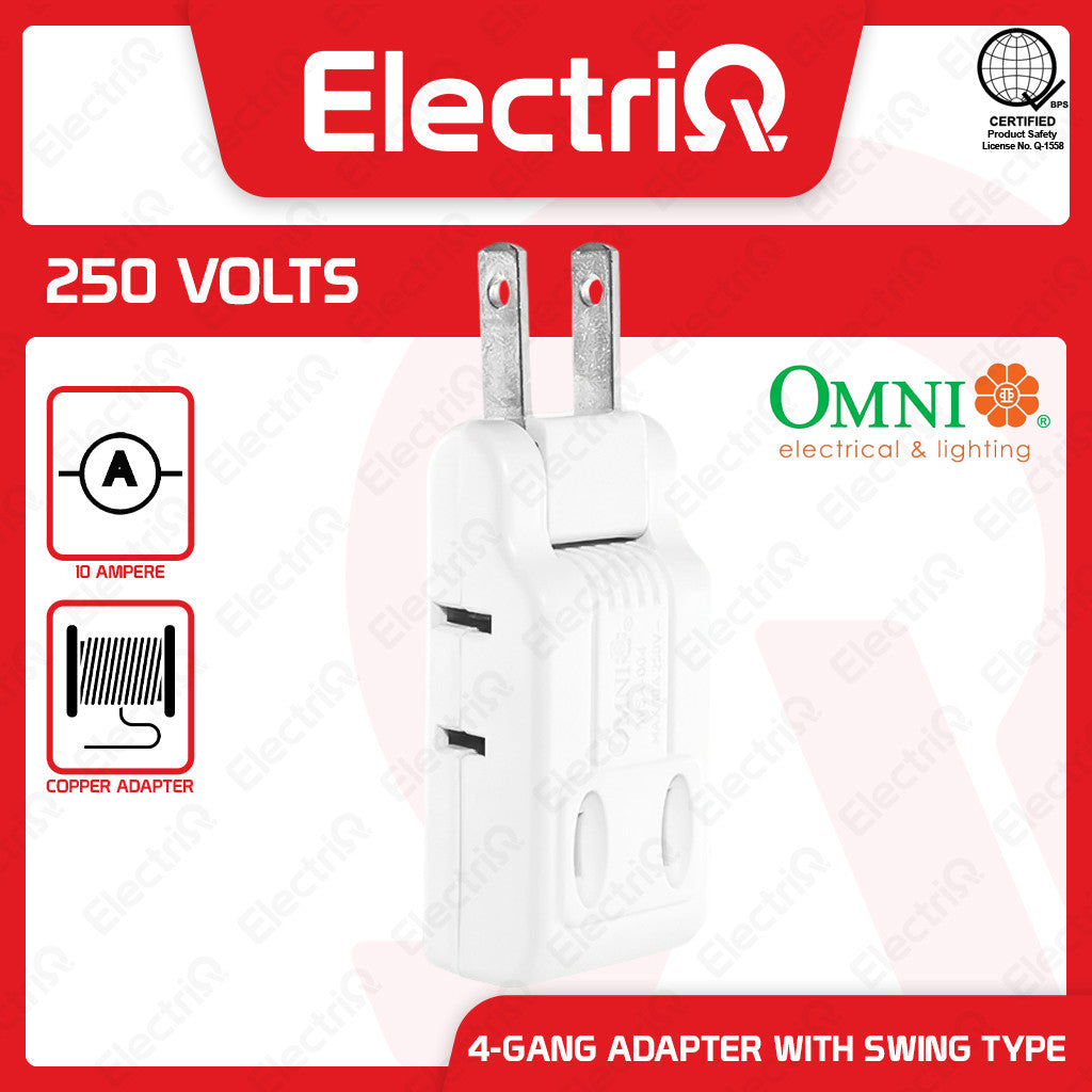 Electriq Omni 4-Gang Adapter with Swing Type Plug 10A 250V Socket Outlet