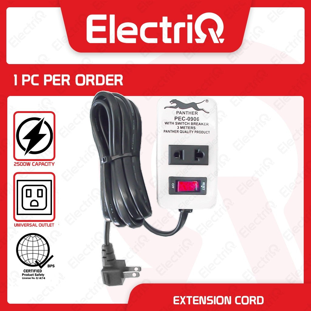 Electriq Panther 3M Power Extension Cord with Switch & Breaker 2-Outlet