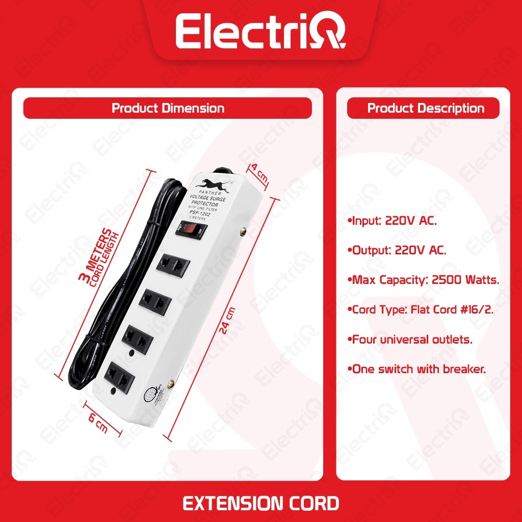 Electriq Panther 3M Power Extension Cord with Surge & Overload Protector